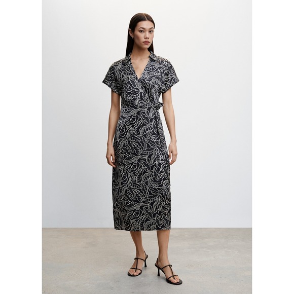 MNG Mango Black White Leaf Print Wrap Midi Dress Sz 10 Chic Resort Y2K Workwear - Picture 1 of 11